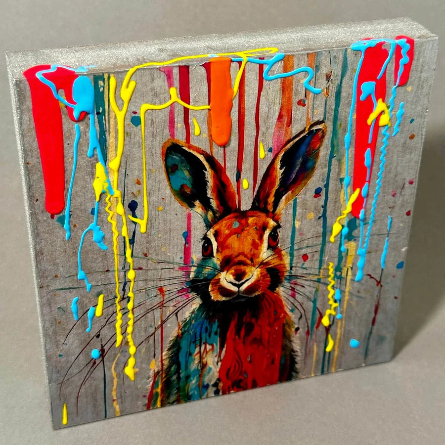 Holzkunst  Popart Hase mit Acryl Tropfen Holzbild 15 x 15 cm