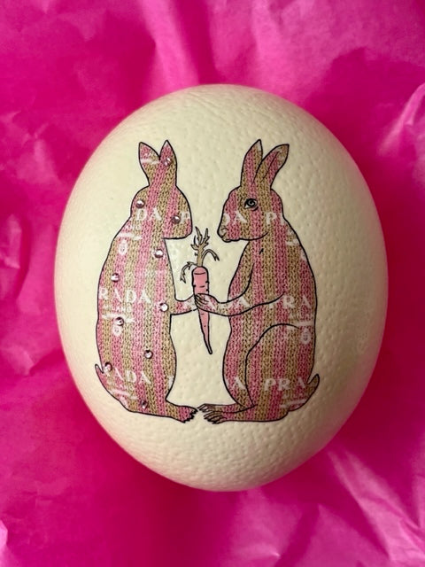 “ Ich schwöre bei meiner Möhre ” Fashion Pra Da  Straußen Ei auf Marabufederkranz in zartem rosa